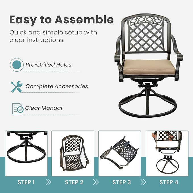Set of 4 Cast Aluminum Patio Chairs with Cushions, All-Weather Aluminum Outdoor Swivel Chairs, Metal Outdoor Rocking Chairs for Backyard, Poolside and Bistro (Khaki, 4 Pieces)