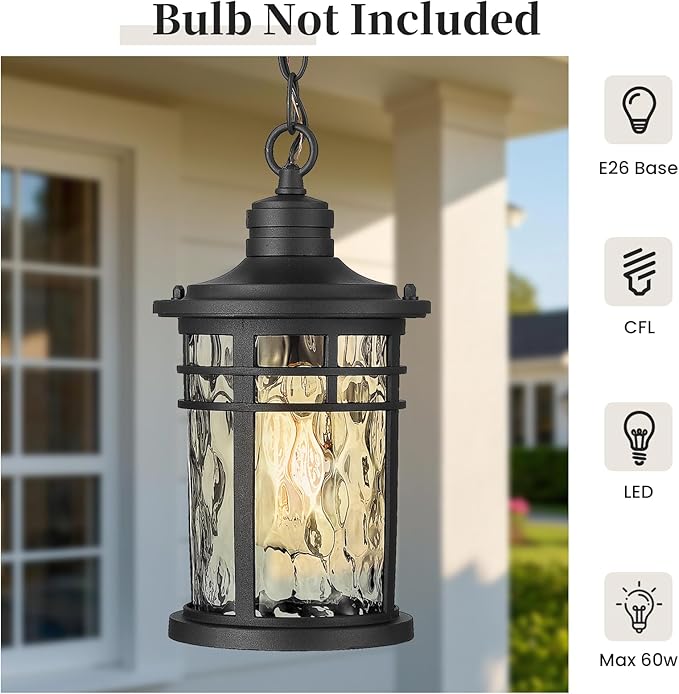 Outdoor Pendant Lights for Porch Aluminum Hanging Porch Light with Water Ripple Glass Hanging Lantern for Front Patio Gazebo Foyer or Garage