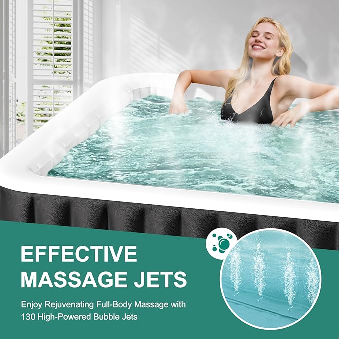 DoCred 4-6 Person Inflatable Hot Tub, 73" X 73" X 25" Square Blow up Portable Hot tub with 130 Bubble Jets, Large Outdoor Spa Bathtub Set Included Heater Pump, Insulated Cover and Filter