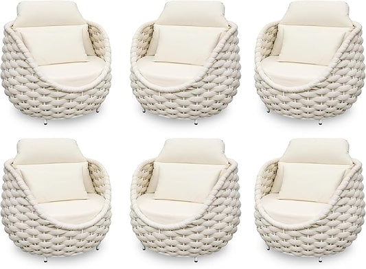 Patio Accent Chairs Set of 6: Aluminum Porch Lounge Chair with Arms - Woven Rope Cushioned Armchair - Modern One Seater Sofa - Outdoor Deck Furniture for 400lbs Balcony Yard Garden Hotel, Beige