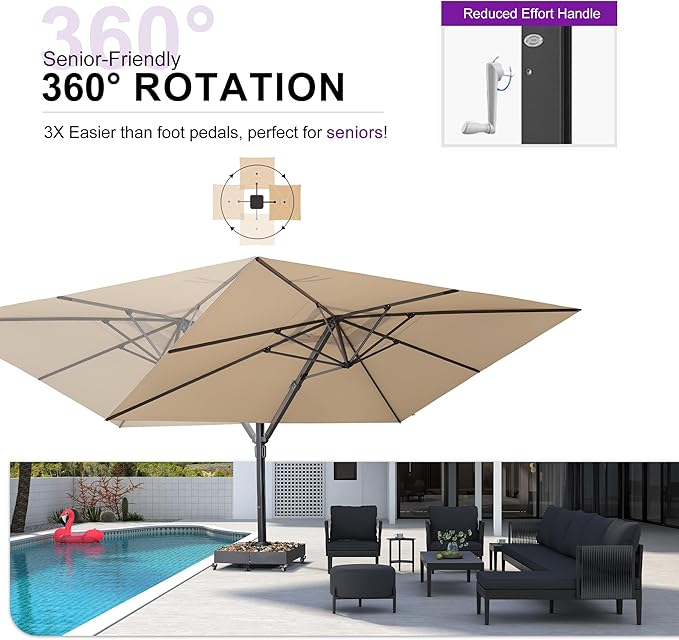 PURPLE LEAF 11' X 15' Rectangle Patio Umbrella Large Outdoor Aluminum Offset Umbrella with 360-degree Rotation Cantilever Umbrella for Garden Deck Backyard Pool Beige