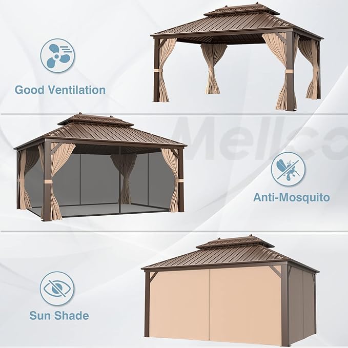 MELLCOM 12'x16' Hardtop Gazebo, Galvanized Steel Double Roof Canopy with Aluminum Frame, Permanent Metal Pavilion Gazebos with Netting and Curtains for Patio, Gardens and Lawns