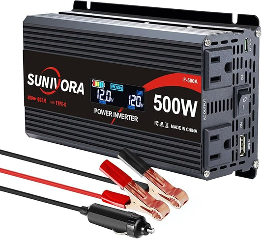 500 Watt Inverter with LCD Display 12V DC to 110V/120V AC 1000 Watt(Peak) Car Power Inverter with 2 AC Outlets 20W PD USB-C and 18W QC USB-A Power Converter for Car, Laptops, Road Trip
