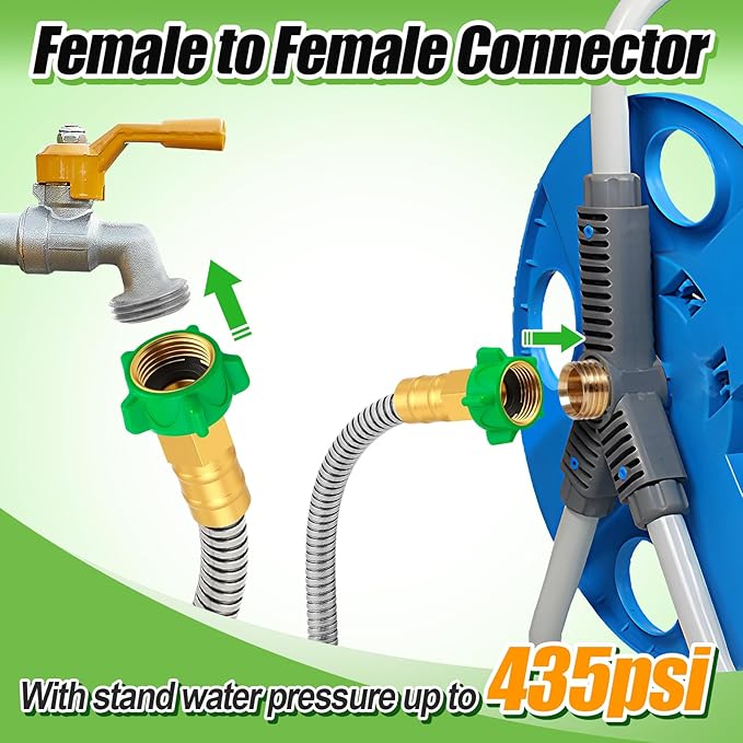 Garden Hose with Female to Female Connector - 50ft Metal Leakproof Leader Hose for Reel, Heavy Duty 304 Stainless Steel Flexible Water Pipe for Outdoor Garden Watering Car Pet Cleaning