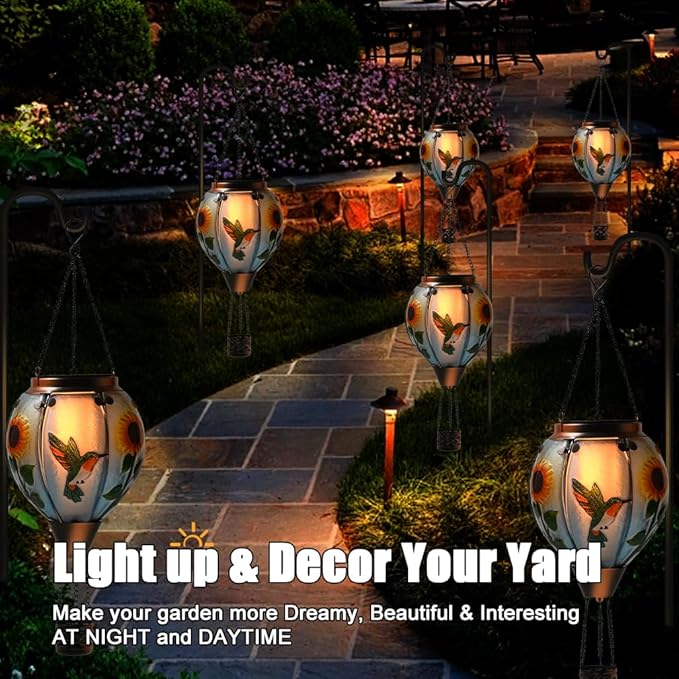 Hot Air Balloon Solar Lantern - Large Hummingbird Glass Lantern, Simulated Flickering & Dancing Flame, Outdoor Hanging Sunflower Yard Light Waterproof IP65 for Patio Lawn Porch Decor Gift