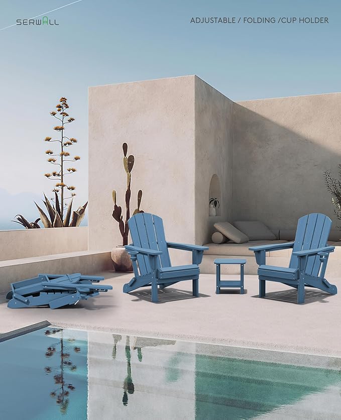 SERWALL Folding Adirondack Chair, Adirondack Outdoor Chair with Cup Holder, Adjustable Adirondack Chair with 3 Recline Positions, All Weather HDPE Outdoor Adirondack, Blue