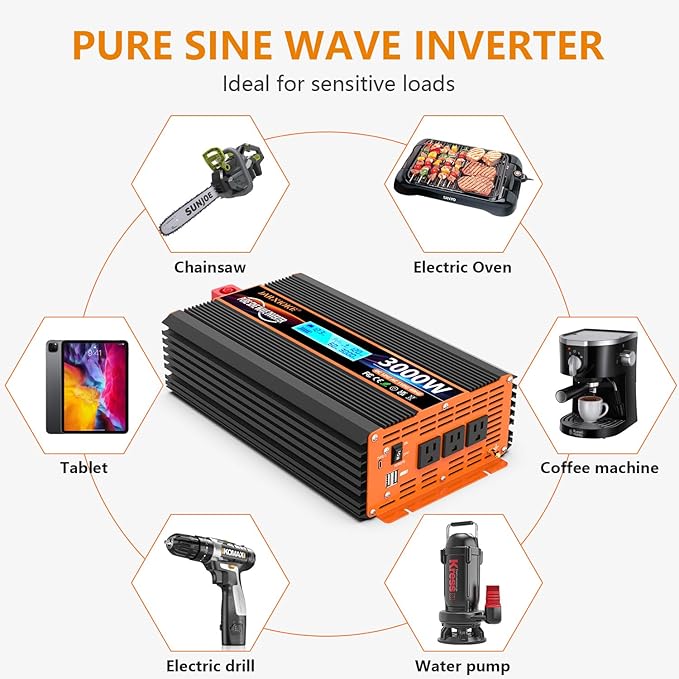 3000 Watt Pure Sine Wave Power Inverter 12V DC to 110V 120V Converter for Family RV Off Grid Solar System Car with Type-C Ports 4 AC Power Outlets Dual USB Ports LCD Display Wireless Remote Control