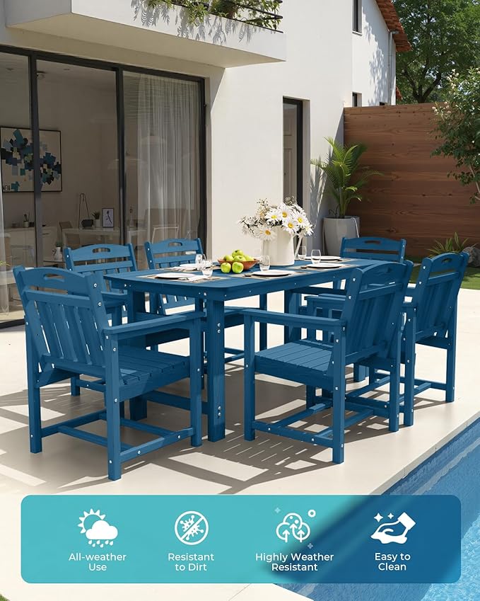 Ciokea HDPE Outdoor Dining Table with Umbrella Hole,66" Rectangle Patio Table for 6,All-Weather Outdoor Patio Furniture Set for Garden Backyard,Navy Blue