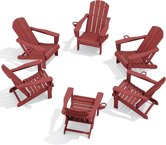 SERWALL Folding Adirondack Chair Set of 6, Adjustable Adirondack Chair with 3 Recline Positions, All Weather HDPE Outdoor Adirondack with Cup Holders, Red