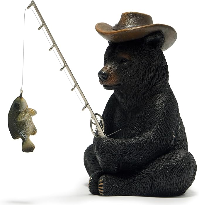 Hodao Black Bear Fishing Figurines Decoration Summer Bear Crafts for Home Office Desk Decor Statue for Tabletop Shelf Decoration Ornament Gifts Decor for Beach Fishing Lovers (Black)