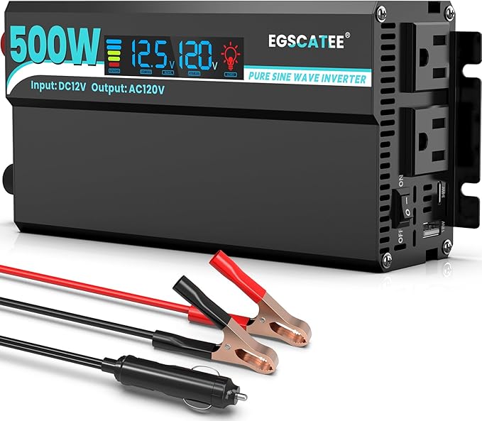 500W Pure Sine Wave Inverter - 12V DC to 110V/120V AC Car Power Converter with 2 AC Outlets, USB Port, Type-C Port, LCD Display Power Inverter for Car, Truck, Home, Vehicles, Laptop