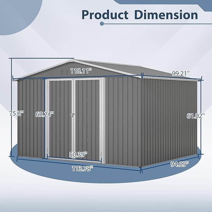10X8 FT Outdoor Storage Shed, All Weather Metal Sheds withLockable Doors, Tool Shed for Garden, Patio, Backyard, Lawn, Grey
