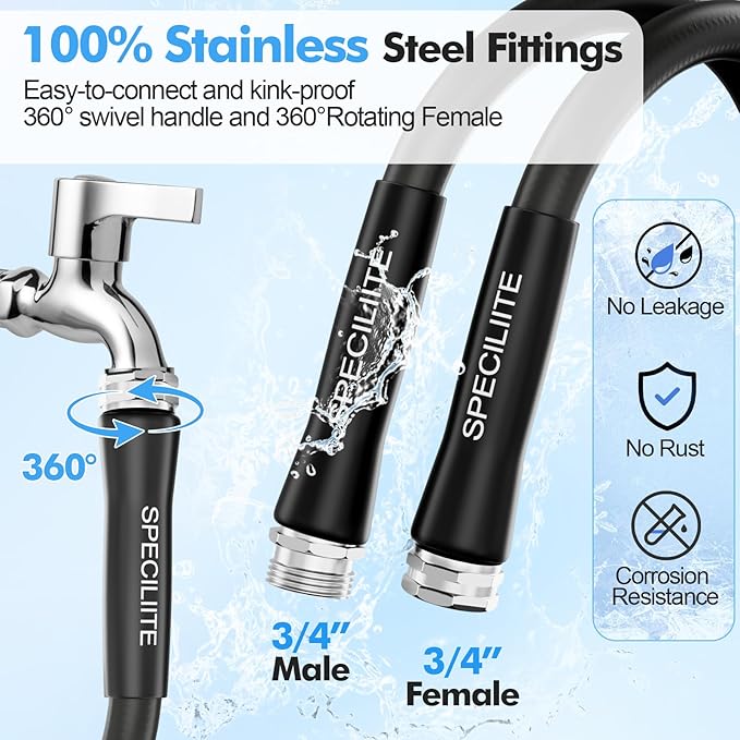 SPECILITE 5/8" Hot/Cold Water Hose 50 ft with High Flow Nozzle,Heavy Duty Flexible Rubber Garden Hose -50℉ to 158℉ With 3/4" Stainless Steel Fittings for Yard, Outdoor, Farm, Lightweight, Black