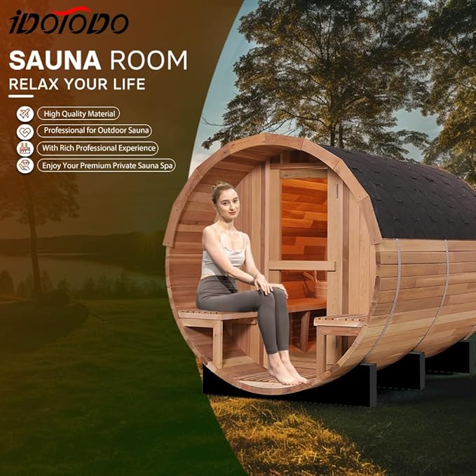 Outdoor Barrel Sauna, 6 Person Wood Steam Sauna Room with Porch, 6kw Toule Electric Heater with Sauna Stone, Canadian Red Ceder, Sauna Accessories, Roof, 94.48”*70.86“*70.86“ (Red Ceder)