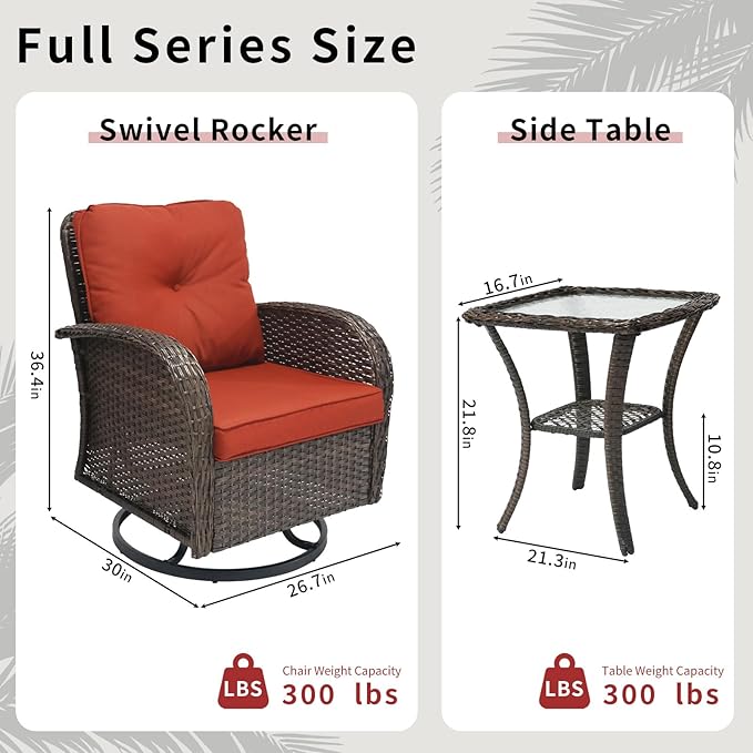 3 Pieces Patio Furniture Set, Outdoor Swivel Rocking Chair Set of 2 with Side Table - 360° Swivel, Thick Cushions, All-Weather Bistro Set for Deck, Porch, Pool(Red, Brown Full-Weave Rattan)