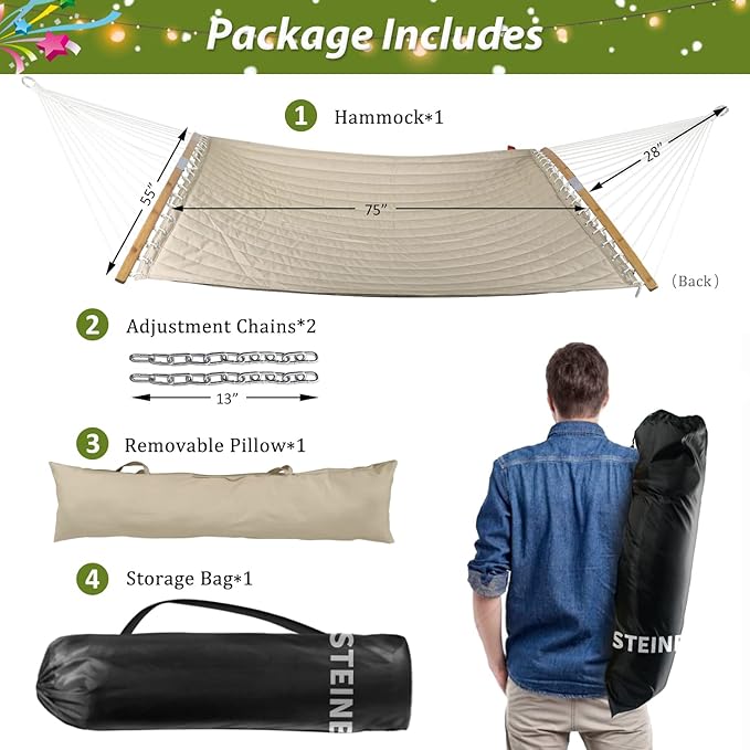 Double Hammock, 11 FT Quilted Fabric 2 Person Hammock for Outside with Pillow, Folding Curved Spreader Bar, Chains, Carrying Bag, Indoor Outdoor, 450 IB Capacity, Trinidad Red