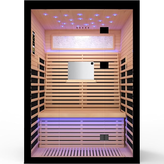 2 Person Infrared Sauna Room Far Infrared Saunas Home Canadian Hemlock Indoor 2100W Low-EMF Dry Saunas with Oxygen Bar 7 Color Therapy 53.1 * 47.2 * 74.8inch