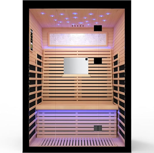 2 Person Infrared Sauna Room Far Infrared Saunas Home Canadian Hemlock Indoor 2100W Low-EMF Dry Saunas with Oxygen Bar 7 Color Therapy 53.1 * 47.2 * 74.8inch