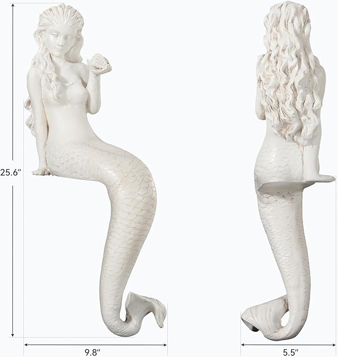 Mermaid Statue for Outdoor Garden,25.6Inch Large Weather-Resistant Sculpture for Yard & Patio Decor, Made of Durable Magnesium Oxide Stone in Antique White