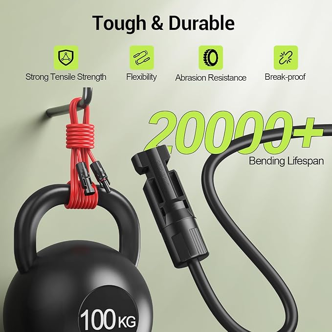 20Feet 10AWG Solar Extension Cable, 10 Gauge Solar Panel Wire with Female and Male Connectors for RV, Off-Grid Photovoltaic Systems(Black+Red)