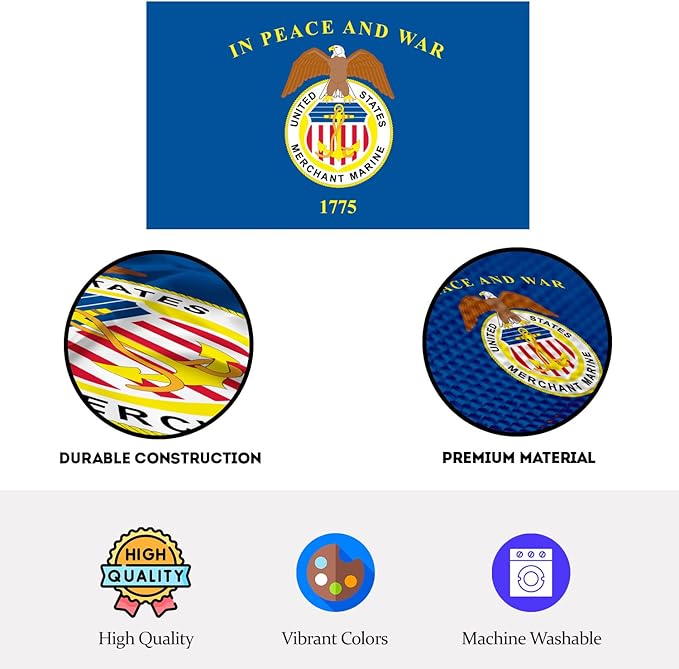 AGAS Large United States Merchant Marines Flag 4x6 Ft - Printed 200D Nylon Canvas Header Two Brass Grommets Big USA Merchant Marines Flag