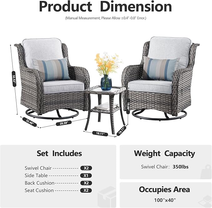 HOOOWOOO Patio Furniture Set,3 Piece Outdoor Furniture with Swivel Chairs,Wicker Patio Bistro Chairs Set,Light Gray