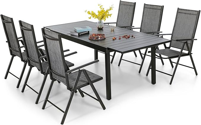 PHI VILLA 7 Piece Outdoor Patio Dining Set, Adjustable Folding Patio Chairs Reclining (Grey) with Extendable Metal Steel Dining Table for Outdoor, Garden, Lawn