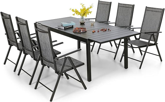 PHI VILLA 7 Piece Outdoor Patio Dining Set, Adjustable Folding Patio Chairs Reclining (Grey) with Extendable Metal Steel Dining Table for Outdoor, Garden, Lawn