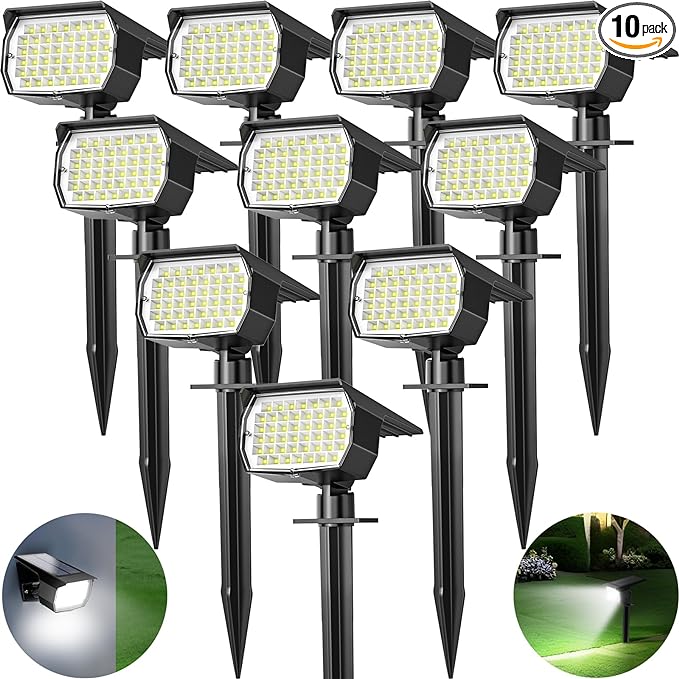 Solar Spot Lights Outdoor 10 Pack, [46 LED/3 Modes] Solar Landscape Spotlights Waterproof, 2-in-1 Auto On/Off Solar Powered Lights for Outside Yard Garden Wall Pathway(Cool White)