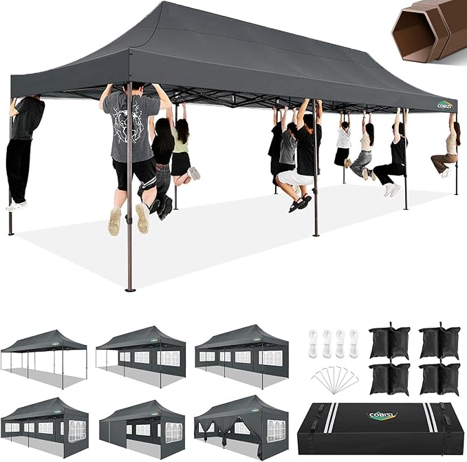 COBIZI 10x30 Heavy Duty Pop Up Canopy with 8 Sidewalls and Hexagonal Legs, Easy up Tent for Parties, Wedding and Commercial, Outdoor Canopy with Carry Bag, Sand Bags, Waterproof & UPF50+ (Gray)