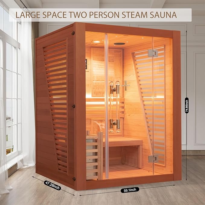 Smartmak Wood Home Steam Sauna, 2 or 3 Person Canadian Red Cedar Traditional Luxurious Wooden Indoor Spa Room, with 3.5 kw Heater, Bluetooth Speaker, Rocks, Water Bucket, Spoon, Lights