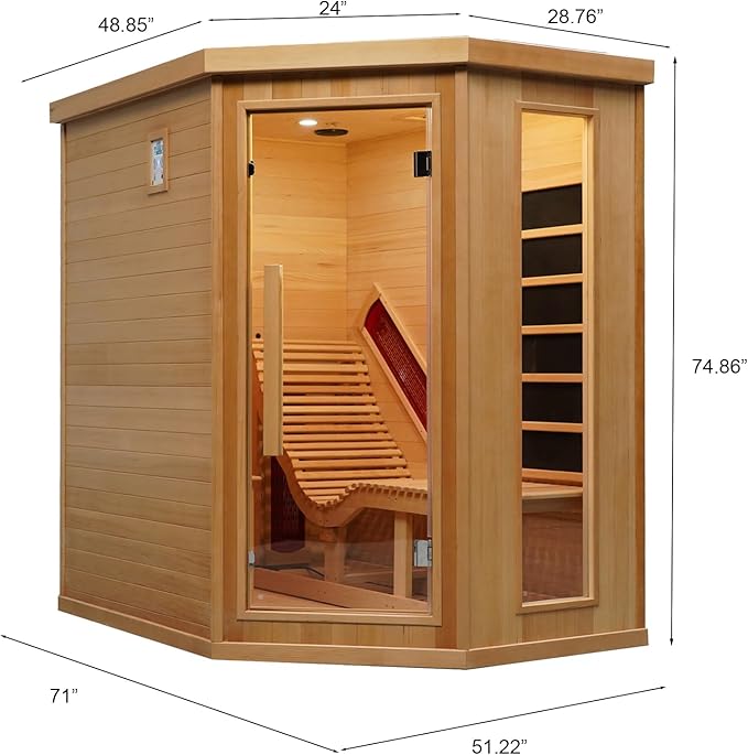 Smartmak Far Infrared Wood Sauna, 1 or 2 Person Full Spectrum Red Light Therapy Luxury Recliner Home Corner Sauna, Indoor Canadian Hemlock Dry Spa, 2300W with 8 Heaters, Speakers, Lights, Oxygen Bar