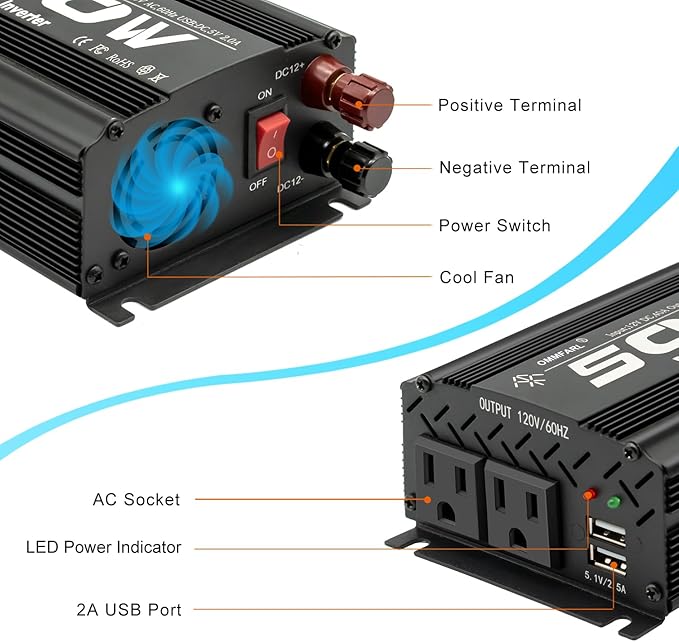500W Modified Sine Wave Power Inverter DC 12V to AC 110V, Peak 1000Watt, Car Plug Inverter Adapter Power Converter with 4.2A Dual USB Charging Ports Black