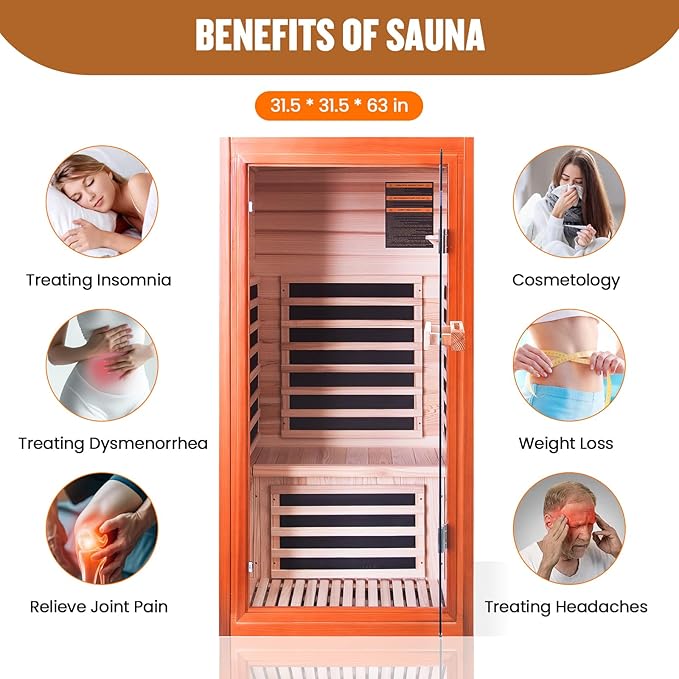 Sauna, Far Infrared Saunas for Home 1 Person Wooden Sauna 1065W/120V Low Emf Dry Sauna Indoor Sauna Room Douglas Fir with Tempered Glass Door/Speakers/Air Hole and Colorful Lighting - 31.5*31.5*63 in