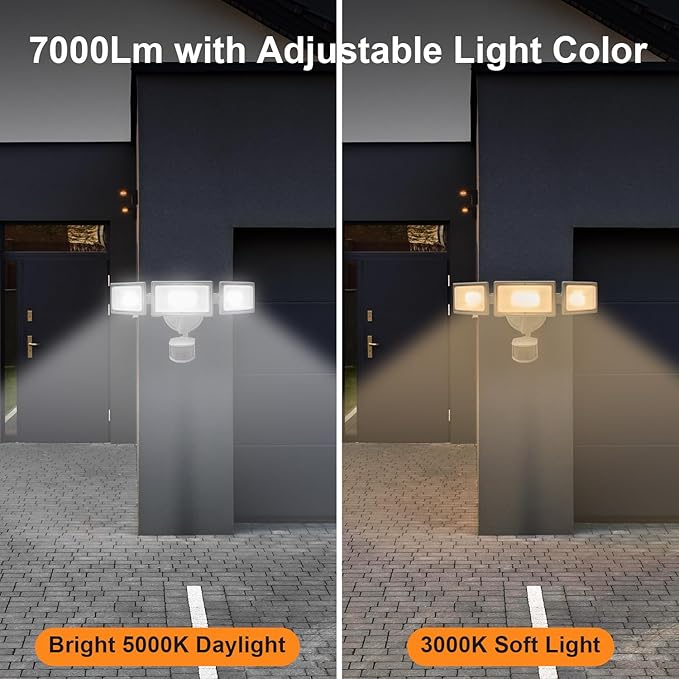 70W LED Security Lights with Motion Sensor Outdoor, 7000 Lumen Super Bright, 3000K/5000K Light, IP65 Waterproof, Dusk to Dawn, 3 Heads Motion Detected Flood Light Garage Yard Porch (White)