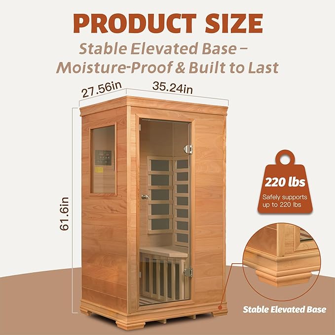 Far Infrared Sauna Room for 1 Person, Low EMF 960W/120V with Elevated Base, 6 Heating Panels, Built-in Speakers, Tea Tray, Control Panel, 35 × 27 × 61 Inch (35 * 27 * 61 Inch)