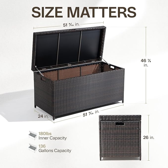 IDZO 136 Gallon Outdoor Wicker Storage Box, UV Weather & Water Resistant, Soft-Close Hinge, Poly Bag Included, Patio Cushion Storage - Brown