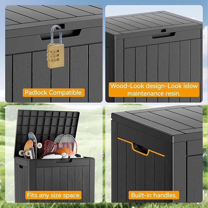NUNU LAB Outdoor Storage Box, 32 Gallon Deck Box Indoor Outdoor Storage Bin, Waterproof Resin Patio Storage Box for Garden Tools, Package Delivery, Pool Accessories Lockable