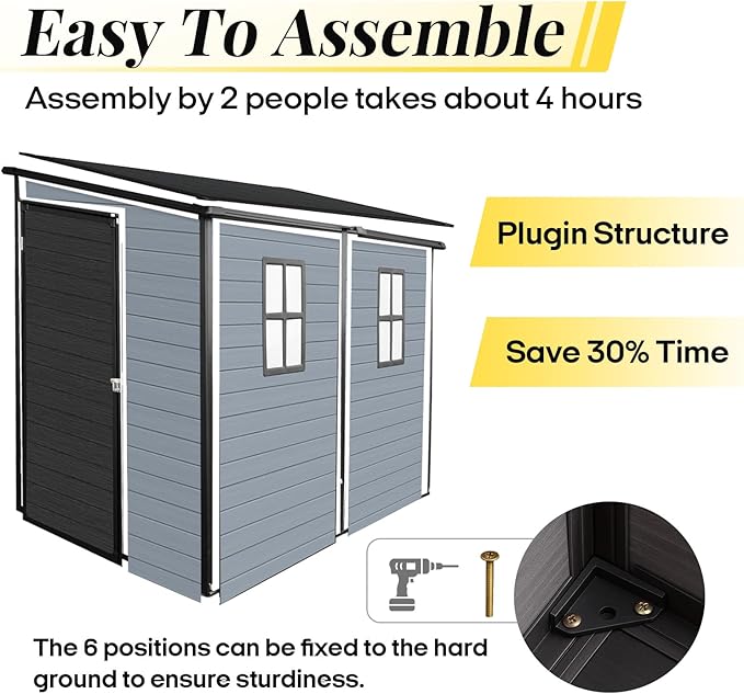 4x8 FT Lean to Shed with Floor, Resin Storage Shed & Outdoor Storage Clearance with 2 Windows, Backyard Storage Sheds for Garden Tools, Bicycle, Black+Grey