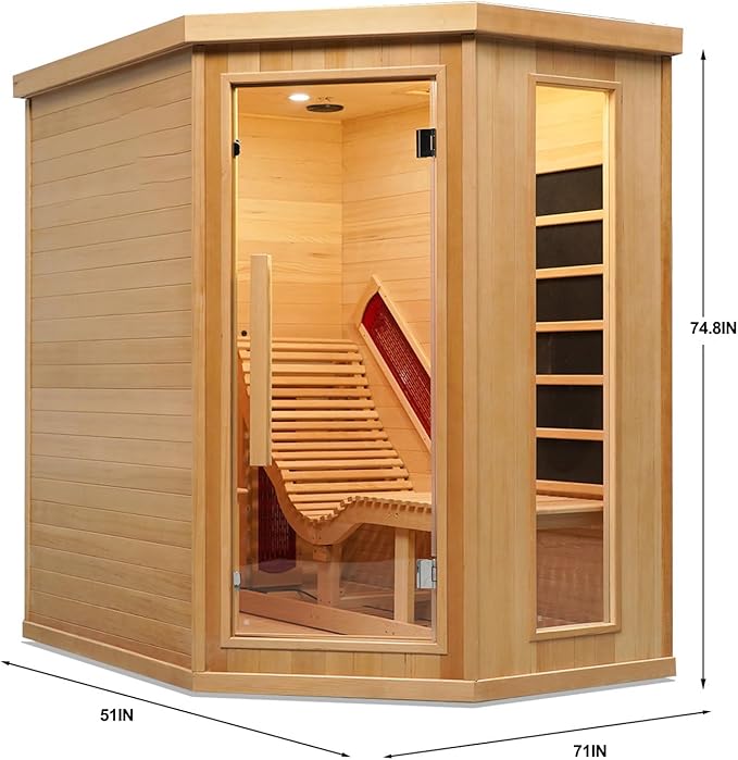 Corner Sauna 1 Person, Infrared Wooden Sauna, Luxurious Canadian Hemlock Home Saunas, 2300 W 8 Heating Element, Low EMF Full Size Indoor Spa(Right Recliner)