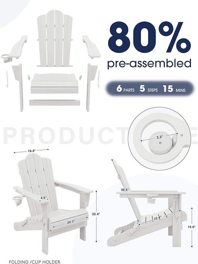 KINGYES Folding Adirondack Chair Set of 8, HDPE All-Weather Patio Chairs with Cup Holder, Wooden Textured Fire Pit Chairs for Poolside, Backyard, Deck, White