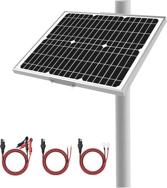 12V Waterproof Solar Battery Trickle Charger & Maintainer - 20 Watts Mono Solar Panel Built-in Intelligent MPPT Charge Controller + Adjustable Mount Brackets for Pole Dia 1.5-3.0inch/40-80mm