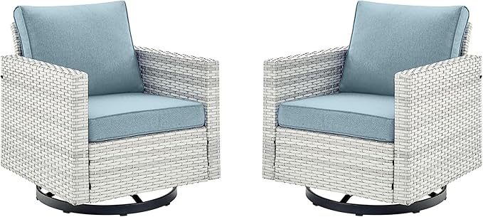 Outdoor Patio Swivel Rocker Chairs - Wicker Patio Swivel Rocking Chairs Set of 2 with Waterproof Wicker,Comfortable Cushions and Sturdy Metal Frame for Outside Porch Deck Backyard(Light Grey/Sky Blue)
