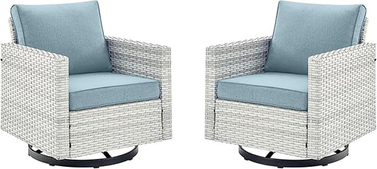 Outdoor Patio Swivel Rocker Chairs - Wicker Patio Swivel Rocking Chairs Set of 2 with Waterproof Wicker,Comfortable Cushions and Sturdy Metal Frame for Outside Porch Deck Backyard(Light Grey/Sky Blue)