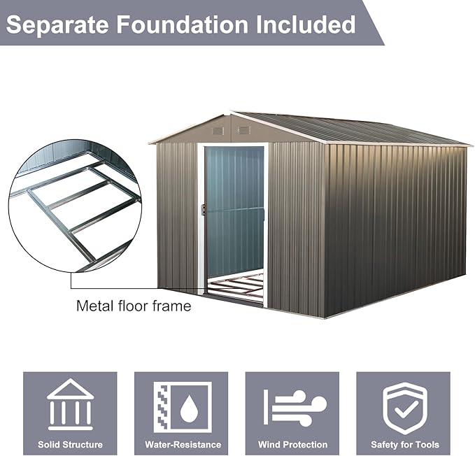 10 x 8 FT Outdoor Storage Shed, Metal Garden Shed with Floor Frame, Large Tool Shed Outdoor Storage with Lockable Sliding Doors & Air Vents, Storage House Waterproof for Backyard, Lawn, Gray