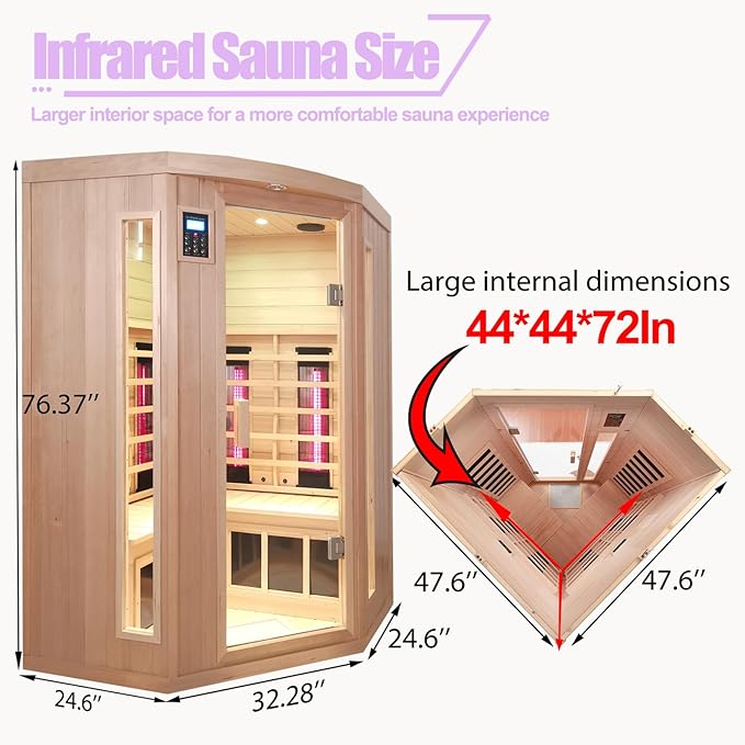 Ceramic Infrared Saunas for Home, 2-3 Person Infrared Sauna, Low EMF Indoor Sauna, Home Sauna, Hemlock Wooden Sauna Room with Bluetooth Speakers, Reading Lamps, Chromotherapy Lights