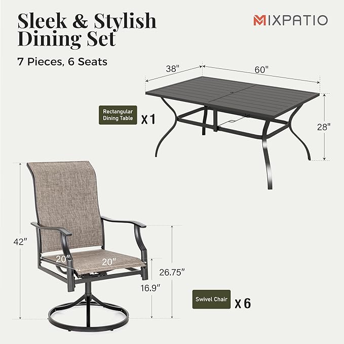 7 Pieces Patio Dining Set, Outdoor Table and Chairs, 6 x Textilene Swivel Dining Chairs and 60" Rectangle Black Table, for Cozy Garden Settings, Grey-Brown