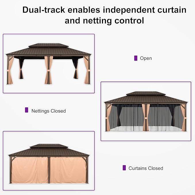 PURPLE LEAF 14' X 20' Outdoor Hardtop Gazebo Patio Wide Aluminum Frame Metal Double Roof with Heavy Duty Netting and Curtains for Permanent Hard Top Pavilion Screen, Khaki