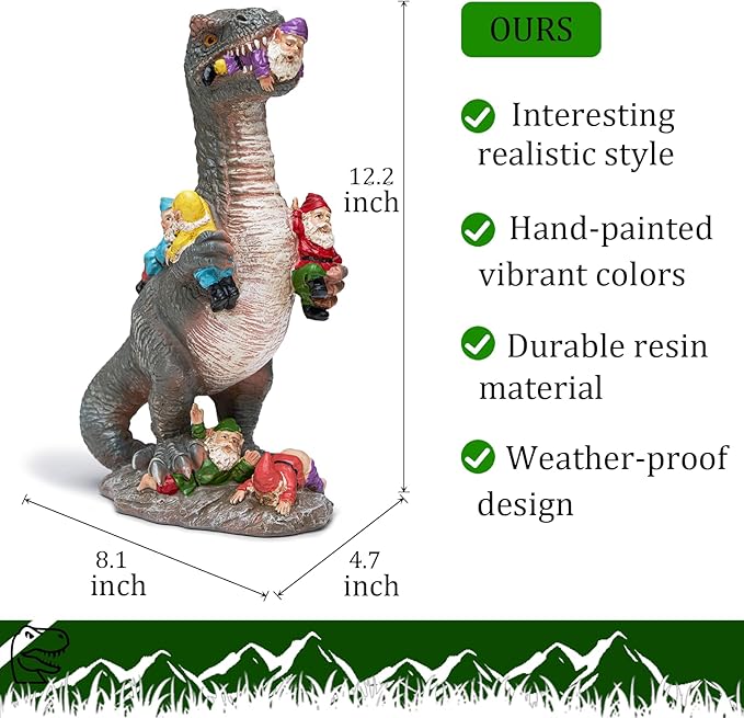 Dinosaur Garden Gnome Statue 12 Inches, Humorous and Interactive Outdoor Decorations for Yard