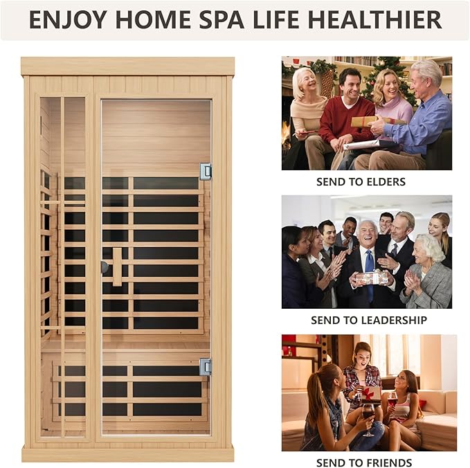 1-2 Person Infrared Sauna, Hemlock Wood Low EMF Far Infrared Saunas for Home, 1350watt Indoor Personal Sauna Room Box with APP Control, Glass Door, Blue-Tooth, LCD, LED Reading Light